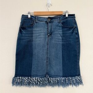 Dark Blue Two-Tone Denim Mini Skirt with Frayed Hem